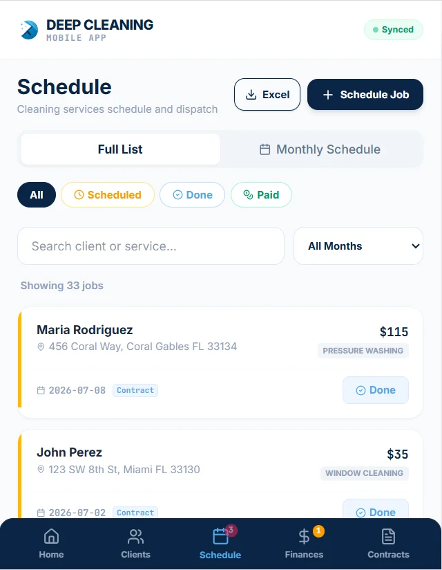 Kram Services app — job schedule